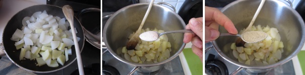 Sbucciate l’aglio e tagliatelo a piccoli pezzetti. Soffriggetelo in una padella con poco olio. Aggiungete la verdura precedentemente cotta e scolata bene. Cuocete a fiamma vivace per circa 5 minuti, girando continuamente. Trasferite la verdura in una pentola alta e fate raffreddare leggermente. Aggiungete un cucchiaino di sale rosa e un cucchiaino di pepe bianco. Mescolate.