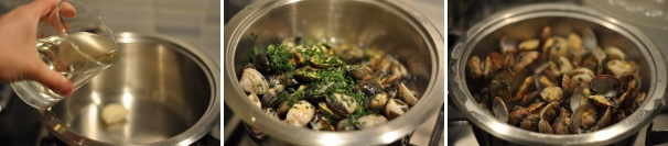 Dopo che avete fatto spurgare le vongole è tempo di farle aprire. In una padella mettete il secondo spicchio d’aglio e i due bicchieri di vino bianco, unite le vongole e il prezzemolo; cuocetele coperte per circa 10 minuti.