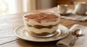 Tiramisù senza uova in una pirofila di vetro trasparente servito su un tavolo in legno, con strati ben visibili di savoiardi, crema al mascarpone e cacao amaro.