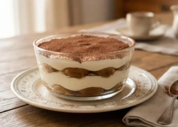 Tiramisù senza uova in una pirofila di vetro trasparente servito su un tavolo in legno, con strati ben visibili di savoiardi, crema al mascarpone e cacao amaro.
