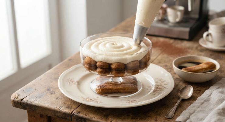 Iniziate a comporre il tiramisù, ponendo il savoiardo sul fondo della coppa. Procedete allo stesso modo ricoprendo tutta la coppa e cercando di occupare più spazio possibile. Riempite una sacca da pasticcere con la crema ottenuta con la panna e il mascarpone. Ricoprite i savoiardi con la crema e ripetete l’operazione: bagnate nuovamente i savoiardi nel caffè e, ponendoli nella coppa in senso inverso rispetto al primo strato, disponete una nuovo strato di crema.&nbsp;