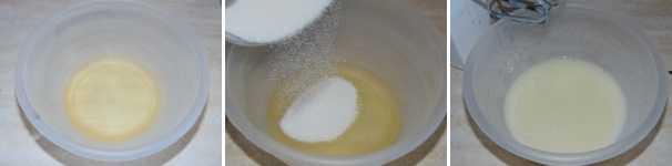 In una ciotola versate l’olio ed a seguire lo zucchero, dunque lavorateli con uno sbattitore fino a che lo zucchero non si sarà bene amalgamato con l’olio sino a formare una crema spumosa.