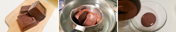 Preparate il cioccolato fondente, mettete sul fuoco una pentola con dell’acqua e fate sciogliere il cioccolato a bagnomaria, fino a quando avrete ottenuto una crema liscia. Mettete la cioccolata sciolta in una terrina.