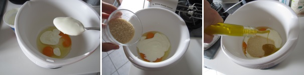 Unite due uova e lo yogurt in una ciotola alta. Aggiungete lo zucchero e l’olio extravergine di oliva.
