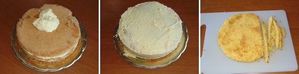 Versate sulla torta la crema messa da parte in precedenza e, con una spatola, ricoprite tutta la torta in maniera uniforme. Tagliate il disco che avevate messo da parte in strisce regolari e non troppo spesse.