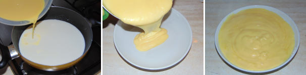 Appena il latte sarà ben caldo versatevi il composto di uova e lavorate bene la crema fino a che non prenderà quasi a bollire e si rapprenderà. Versate la crema calda in un contenitore piano, copritela con la pellicola a contatto e lasciatela raffreddare.