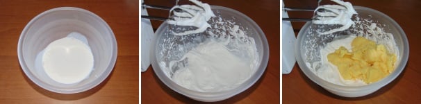 Versate la panna in una ciotola e montatela fino a che non sarà ben ferma, quindi unite la crema fredda e continuate a lavorare.