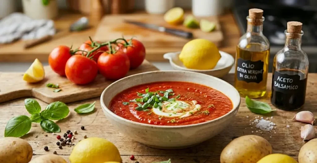 Un set da cucina con zuppa di pomodoro, patata cruda, limone e basilico, che illustra come rimediare agli errori comuni in cucina.