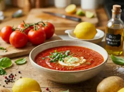 Un set da cucina con zuppa di pomodoro, patata cruda, limone e basilico, che illustra come rimediare agli errori comuni in cucina.