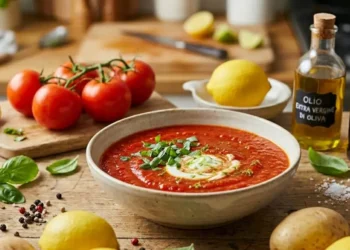 Un set da cucina con zuppa di pomodoro, patata cruda, limone e basilico, che illustra come rimediare agli errori comuni in cucina.