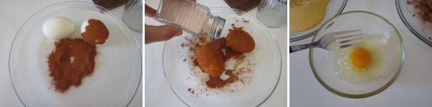 Su un piatto versate la paprika. Avvolgete le uova nella polvere accuratamente e salate la superficie. In una ciotolina sbattete un uovo.