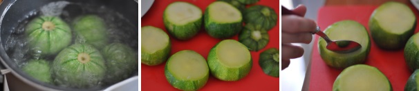 Mettete a lessare le zucchine in abbondante acqua bollente, leggermente salata. Lasciatele cuocere 10 minuti. Scolatele, tagliate la calotta e svuotatele con l’aiuto di un cucchiaio, facendo molta attenzione a non perforare il fondo della zucchina. Mettete le zucchine a colare dalla parte del foro.
 