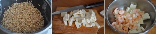 Rimettete l’acqua sul fuoco, portate a bollore, salate leggermente e cuocete il farro secondo il tempo indicato sulla confezione. Nel frattempo tagliate la feta a cubetti, scolate i gamberetti e amalgamate i due ingredienti in una ciotola.