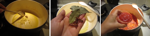 In una pentola capiente soffriggete l’aglio e la cipolla con un cucchiaio di olio. Quando la cipolla appassisce, aggiungete il peperoncino e l’alloro. Dopo 5 minuti versate la polpa di pomodoro e cuocete a fuoco basso.