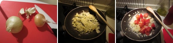 Sbucciate la cipolla e l’aglio. Tagliate la cipolla grossolanamente. Scaldate un po’ di olio in una padella, aggiungete la cipolla e soffriggetela. Schiacciate l’aglio e aggiungetelo alla cipolla. Lavate i pomodori e tagliateli a cubetti, aggiungeteli alla cipolla dorata e mescolate bene.