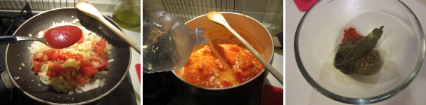 Aggiungete la polpa di pomodoro e versate l’acqua per creare il liquido della zuppa, ma non troppo per non diluirla eccessivamente. Preparate le erbe aromatiche: in una ciotolina unite il basilico, l’aneto, lo zafferano e la foglia di alloro.
 