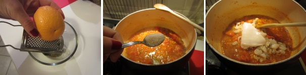 Grattugiate sopra la scorza d’arancia. Aggiungete gli aromi alla zuppa e mescolate accuratamente. Aggiungete del sale quanto basta, mettete dentro i polpi e dopo circa 10 minuti aggiungete la carne del dentice e della triglia, fate disfarla completamente nella zuppa.