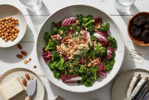 Composizione di alimenti ricchi di calcio: insalata di broccoli e kale, mandorle, sarde, parmigiano e ceci su tavola bianca.