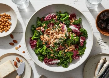 Composizione di alimenti ricchi di calcio: insalata di broccoli e kale, mandorle, sarde, parmigiano e ceci su tavola bianca.