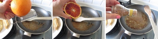 Lavate l’arancia sotto l’acqua corrente. Asciugatela, grattugiate la buccia nel burro e lasciate cuocere a fiamma molto bassa. Tagliate l’arancia a metà e aggiungete il succo al burro. Mescolate continuamente. Aggiungete un pizzico di cannella.