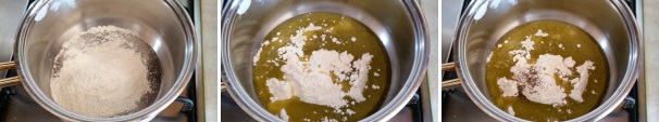 Come per la classica besciamella, bisognerà partire dalla preparazione di un roux, quindi in un pentolino profondo versate la farina ed i 50 millilitri di olio insieme ad una macinata di pepe fresco.