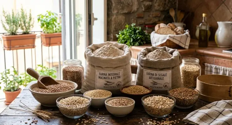 Selezione di cereali integrali (farro, avena, orzo) e sacchi di farina integrale macinata a pietra su un tavolo in legno, stile rustico italiano.