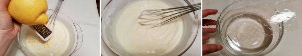 Grattugiate la scorza del limone precedentemente lavato e asciugato nel composto e amalgamate il tutto con una frusta manuale, in modo da ottenere una crema leggera e spumosa. Preparate un foglio di gelatina.