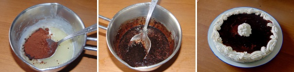 Tolto dal fuoco il pentolino, aggiungete man mano il cacao ed incorporatelo al liquido tiepido. Togliete la torta dal freezer e versatevi sopra il topping al cioccolato, quindi riponete ancora in frigo e tenete in fresco almeno un paio d’ore prima di servire.