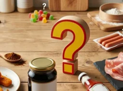 Composizione di cibi insospettabili che contengono glutine nascosto, come salse, salumi e snack su un tavolo di legno con un punto di domanda al centro.