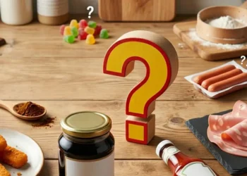 Composizione di cibi insospettabili che contengono glutine nascosto, come salse, salumi e snack su un tavolo di legno con un punto di domanda al centro.