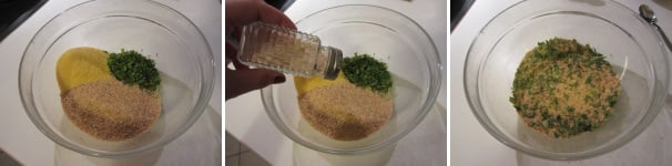 Versate dentro alla ciotola anche la farina gialla per polenta. Salate gli ingredienti secchi quanto basta e mescolate bene per unire il tutto.