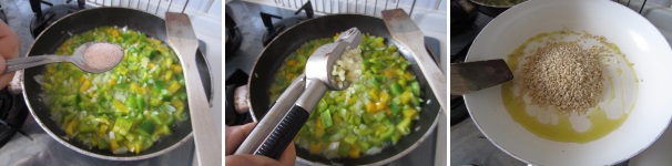 Aggiungete il sale e l’aglio, dopo averlo sbucciato e schiacciato. Mescolate bene il tutto. In un’altra padella versate l’olio e riscaldatelo, quindi aggiungete il riso e tostatelo per qualche minuto.
