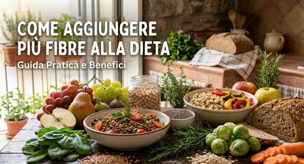 Copertina articolo benefici delle fibre alimentari. Tavola imbandita con alimenti ricchi di fibre: lenticchie, pane integrale, frutta fresca, verdure e semi, con testo in sovrimpressione "Come aggiungere più fibre alla dieta"