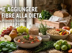 Tavola imbandita con alimenti ricchi di fibre: lenticchie, pane integrale, frutta fresca, verdure e semi, con testo in sovrimpressione "Come aggiungere più fibre alla dieta"