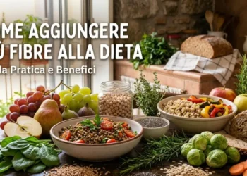 Tavola imbandita con alimenti ricchi di fibre: lenticchie, pane integrale, frutta fresca, verdure e semi, con testo in sovrimpressione "Come aggiungere più fibre alla dieta"
