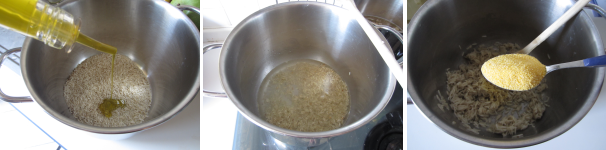 Pesate il riso e versatelo in una pentola. Aggiungete un po’ di olio extravergine di oliva e mettete la pentola sul fuoco medio. Tostate il riso per qualche minuto, mescolando spesso per evitare che si bruci. Quando i chicchi di riso diventeranno lucidi e quasi trasparenti, versate sopra l’acqua bollente, tanta quanto basta a coprire il riso. Cuocete il riso per circa 10-12 minuti a fuoco medio-basso. Spegnete il fuoco elasciate riposare con un coperchio per due minuti. Fate raffreddare un po’ e aggiungete la farina di mais.
Pesate il riso e versatelo in una pentola. Aggiungete un po’ di olio extravergine di oliva e mettete la pentola sul fuoco medio. Tostate il riso per qualche minuto, mescolando spesso per evitare che si bruci. Quando i chicchi di riso diventeranno lucidi e quasi trasparenti, versate sopra l’acqua bollente, tanta quanto basta a coprire il riso. Cuocete il riso per circa 10-12 minuti a fuoco medio-basso. Spegnete il fuoco elasciate riposare con un coperchio per due minuti. Fate raffreddare un po’ e aggiungete la farina di mais.
