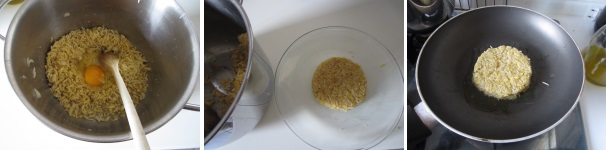 Versate un uovo e mescolate per unirlo bene al riso. Aiutandovi con un mestolo, dosate il riso in parti uguali, quindi distribuitelo su un piatto e formate con le mani la cotoletta. Riscaldate l’olio di semi in una padella. Friggete le cotolette a fuoco medio per circa 2 minuti da ogni lato, o comunque fino ad ottenere una doratura desiderata. Versate un uovo e mescolate per unirlo bene al riso. Aiutandovi con un mestolo, dosate il riso in parti uguali, quindi distribuitelo su un piatto e formate con le mani la cotoletta. Riscaldate l’olio di semi in una padella. Friggete le cotolette a fuoco medio per circa 2 minuti da ogni lato, o comunque fino ad ottenere una doratura desiderata.