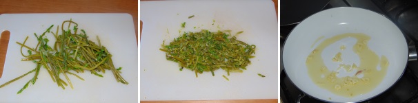Preparate il ripieno di asparagi, sbollentateli in acqua salata. Tenete da parte qualche punta di asparago e tritate le rimanti. In una padella scaldate qualche cucchiaio di olio con lo spicchio di aglio tritato.