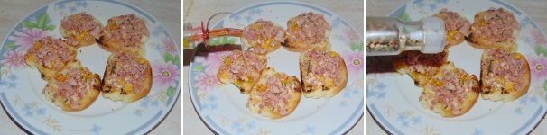 Ricoprite i crostini con il contenuto della ciotola ed infine completate il piatto con un filo di olio crudo ed una macinata di pepe fresco.