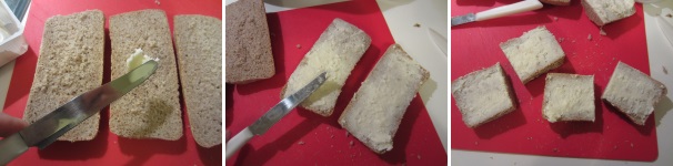 Spalmate abbondatemene le fette di pane con del burro. Tagliate le fette a metà, secondo i vostri gusti, tenendo però presente che i crostoni non dovrebbero essere troppo grandi.