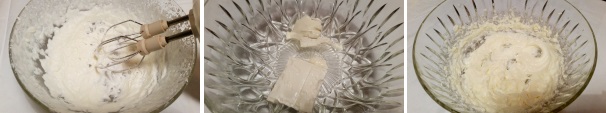 Montate la panna ben ferma con un frusta elettrica, in un’altra terrina lavorate il formaggio con lo zucchero rimanente fino ad ottenere una crema liscia.