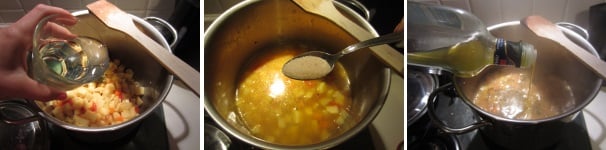 Ora aggiungete l’acqua, tre bicchieri dovrebbero bastare. L’importante è che il liquido copra tutta la verdura. Salate la minestra, mescolate e cuocete al fuoco medio/basso per circa 25 minuti con il coperchio, controllando ogni tanto la cottura delle patate. Quando la zuppa diventerà leggermente densa e cremosa e le patate morbide, senza perdere la forma, allora aggiungete l’olio e la maggiorana, quanto basta. Rimescolate tutto e spegnete il fuoco.