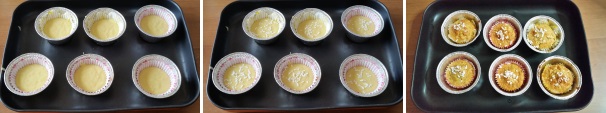 Foderate con dei pirottini di carta per muffin delle formine di alluminio oppure una teglia per muffin e dividete l’impasto in parti uguali, versandone circa i due terzi in ogni formina di carta. Decorate con qualche granello di zucchero. Scaldate il forno a 180 °C ed inseritevi la teglia, quindi lasciate cuocere per circa 30 minuti.