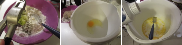 Sbucciate un spicchio d’aglio. Schiacciatelo ed aggiungetelo al composto. In un’altra ciotola versate un uovo, aggiungete il latte e sbattete con una forchetta.