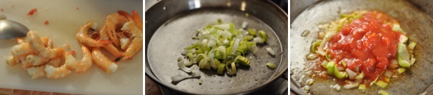 Concludete la preparazione degli ingredienti pulendo i gamberi dal carapace e dal filo nero interno. Tenetene qualcuno per la decorazione in superficie della paella. Ora è tempo di mettersi sul fuoco. Intanto preriscaldate il forno a 200 °C. Poi prendete una padella bassa e larga (possibilmente una paellera) e scaldate l’olio. Fate soffriggere il porro e la cipolla per qualche minuto, poi aggiungete la polpa di pomodoro.