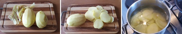 Sbucciate le patate e lavatele sotto acqua corrente, dunque affettatele per il lato corto. Portate a bollore dell’acqua salata e lessate le fette di patate per 5 minuti, poi scolatele.