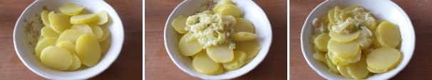 Trasferite le patate in una scodella ed aggiungetevi le cipolle stufate, quindi mescolate il tutto fino ad amalgamare bene i due ingredienti, in quanto le cipolle dovranno distribuirsi bene tra le fette di patate.