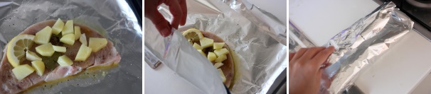 A questo punto aggiungete una fetta di limone e le patate tagliate molto piccole. Chiudete il tutto formando un fagottino. Fate lo stesso procedimento con l’altra fetta.