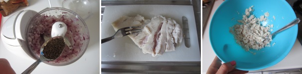 Aggiungete i semi di cumino alla cipolla e tritate nuovamente fin quando non si frantumano. Scolate il pesce e fatelo raffreddare un po’. Togliete dal filetto tutte le lische e pellicine, quindi con una forchetta schiacciate la carne in modo da tritarla grossolanamente. Trasferitela in una ciotola capiente.