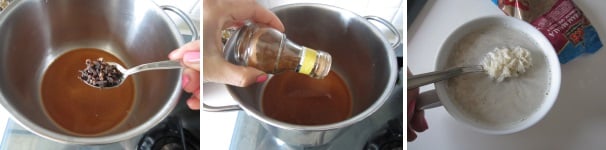 Sciogliete in due bicchieri di acqua il cardamomo macinato. Aggiungete i chiodi di garofano e la cannella. Mescolate il liquido fino al completo scioglimento delle spezie. Riscaldate il liquido sulla fiamma bassa. Lavate il riso in acqua fredda tre-quattro volte, fin quando l’acqua non diventerà limpida.